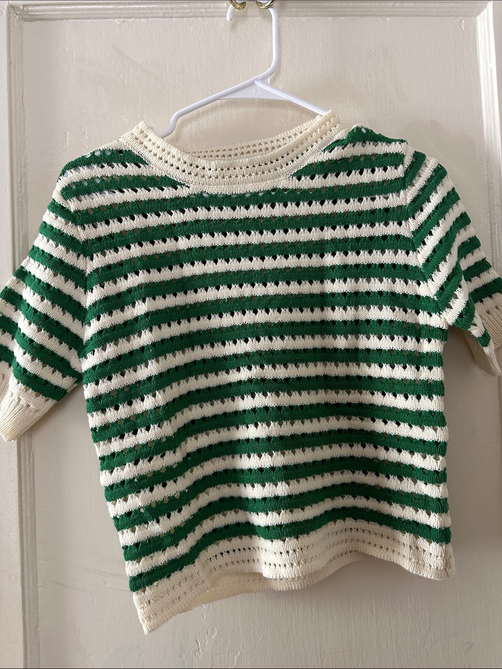 SHEIN Green and Cream Striped Crewneck Knit Sweater
